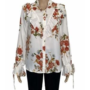 Boho Style Sheer Bleuh Ciel Floral Blouse With Long Tie Sleeves & Ruffles Size M